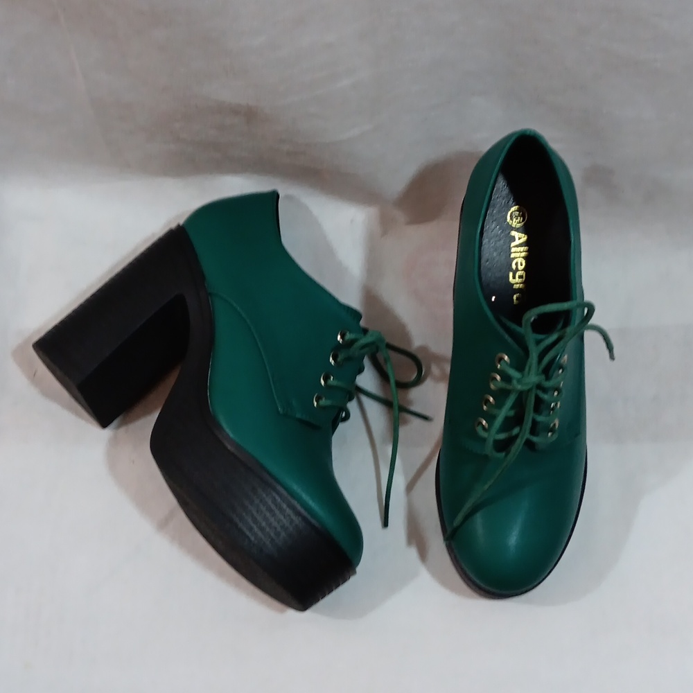 Allegra K Womens 7.5 Green Platform Shoes Lace Up Chunky Heel Booties